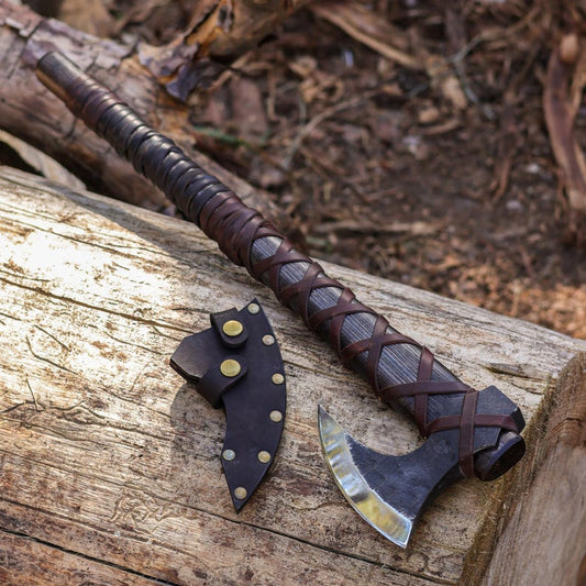 Nordic Battle Axe | Two-Handed Viking Axe Handmade | Scandinavian Functional Axe with Leather Sheath | Engraved Bearded Axe