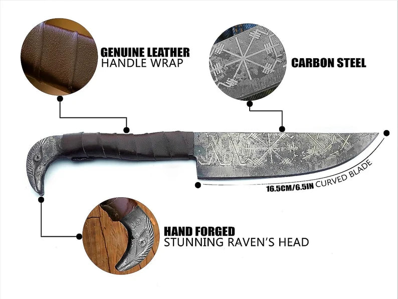 Handmade Viking Knife High Carbon Steel Leather Wrap Handle Raven Head Hunting Camping Anniversary Gift Items