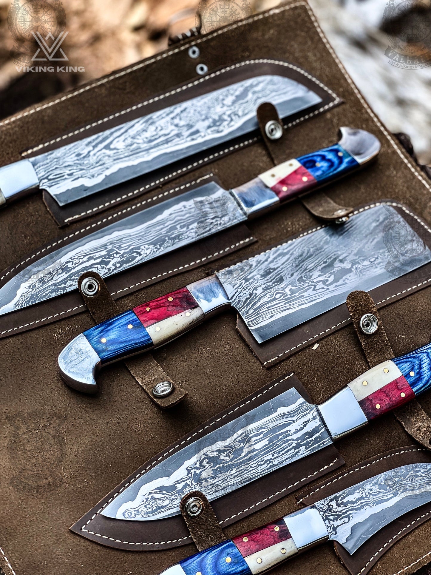 Handmade Damascus Chef Knife Set of 5Pc American Flag Handle Gift for Husband Kitchen Knife Groomsmen Gift Lover Gift for dad Gift for her