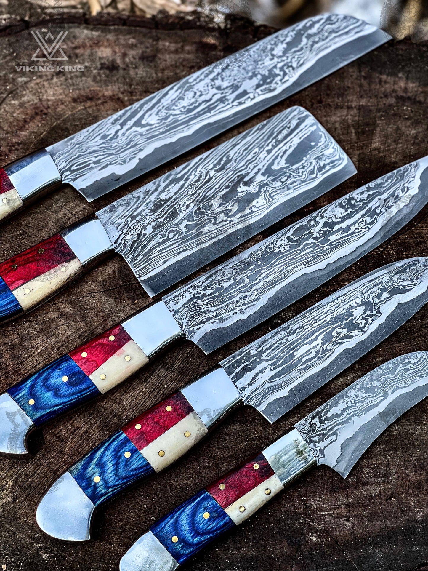 Handmade Damascus Chef Knife Set of 5Pc American Flag Handle Gift for Husband Kitchen Knife Groomsmen Gift Lover Gift for dad Gift for her