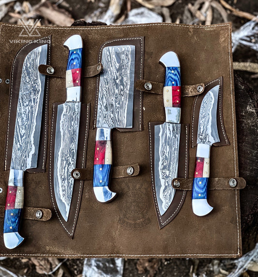 Handmade Damascus Chef Knife Set of 5Pc American Flag Handle Gift for Husband Kitchen Knife Groomsmen Gift Lover Gift for dad Gift for her