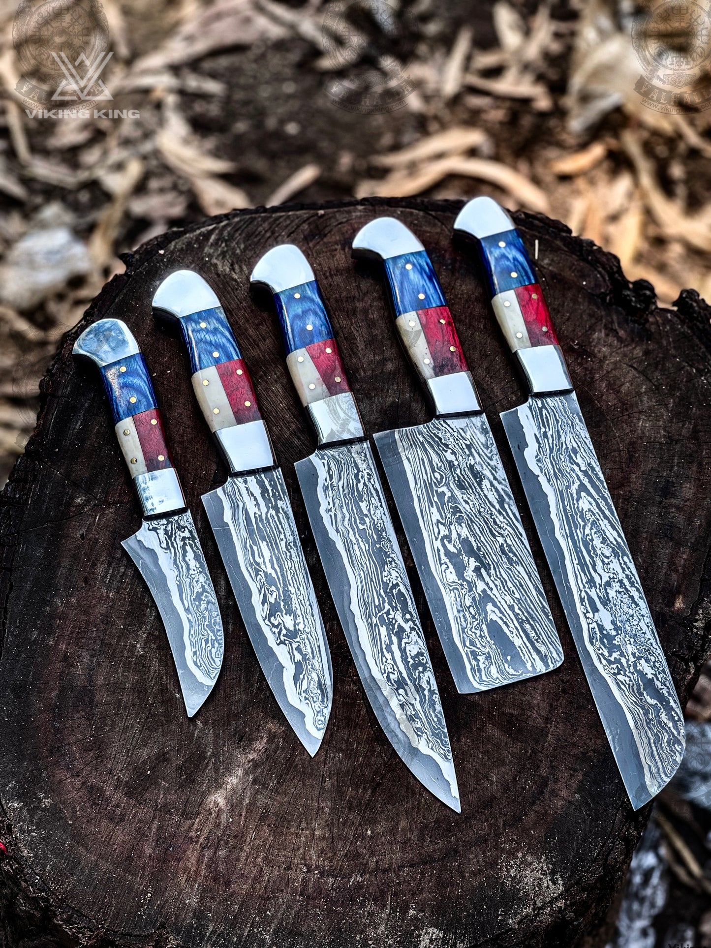 Handmade Damascus Chef Knife Set of 5Pc American Flag Handle Gift for Husband Kitchen Knife Groomsmen Gift Lover Gift for dad Gift for her