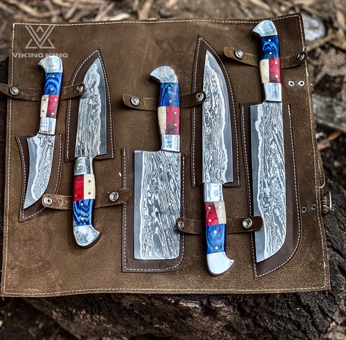 Handmade Damascus Chef Knife Set of 5Pc American Flag Handle Gift for Husband Kitchen Knife Groomsmen Gift Lover Gift for dad Gift for her